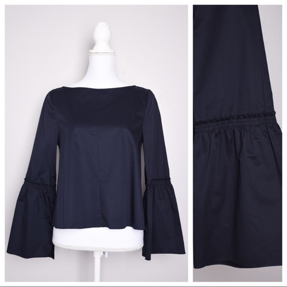 Tibi Poplin Bell Sleeves Crew Neck Cropped Top EUC